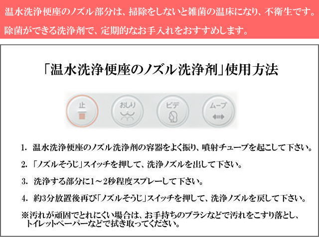温水洗浄便座のノズル洗浄剤 ノズル汚れを簡単洗浄・除菌 安心安全な成分 トイレの必需品 きれいと笑顔をお届けするトータルサプライ